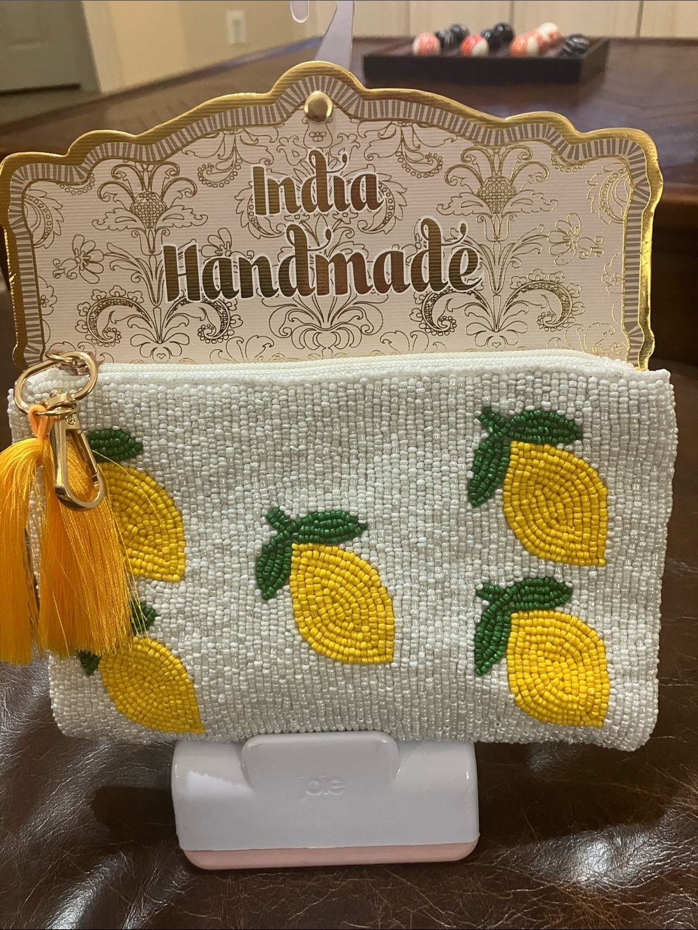 India Handmade Beaded Lemon Clutch with Tassel NWT